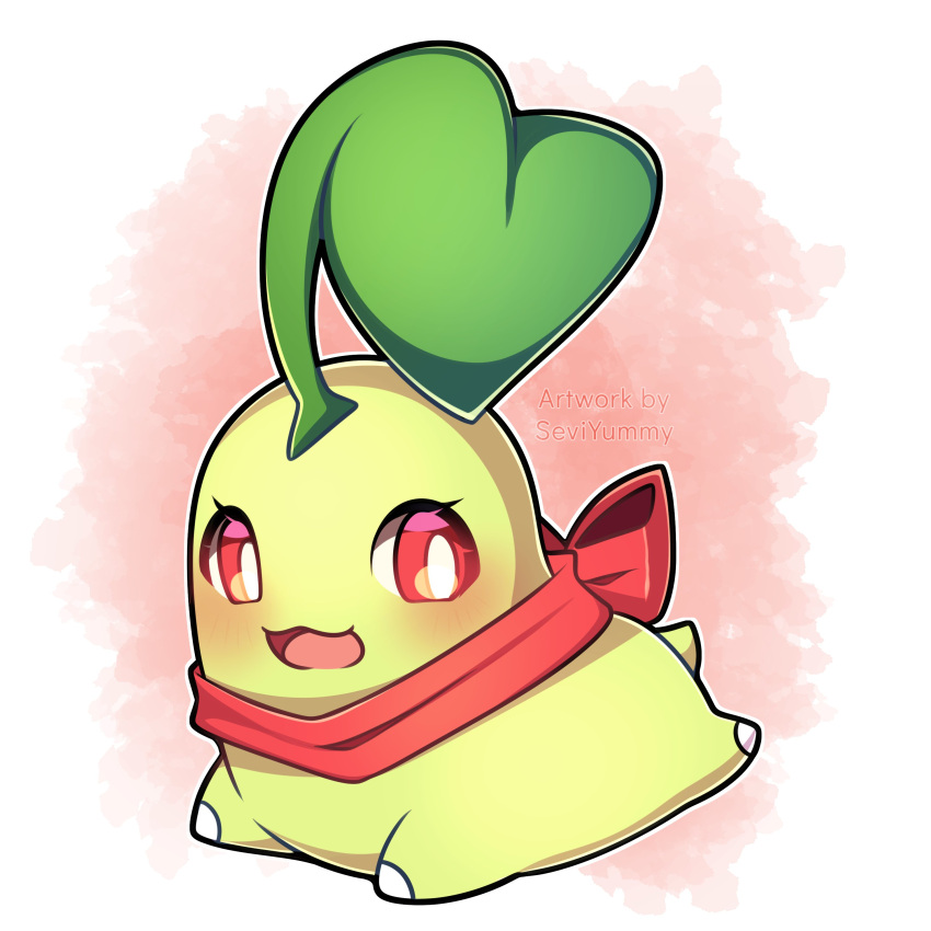 absurdres bow chikorita highres looking_at_viewer lying no_humans on_stomach open_mouth outline pink_background pokemon pokemon_(creature) red_bow red_eyes red_ribbon ribbon sevi_(seviyummy) solo white_background white_outline