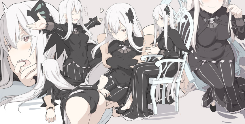 1girl :d ^^^ ass black_dress black_panties breast_grab breasts butterfly_hair_ornament chair closed_eyes covered_navel disembodied_limb dress echidna_(re:zero) finger_in_mouth grabbing grey_background hair_between_eyes hair_ornament holding_another's_wrist long_hair looking_at_viewer medium_breasts multiple_views on_chair one_eye_closed open_mouth outstretched_arms panties re:zero_kara_hajimeru_isekai_seikatsu red_eyes shiseki_hirame simple_background sitting smile solo_focus striped striped_dress underwear vertical-striped_dress vertical_stripes white_hair