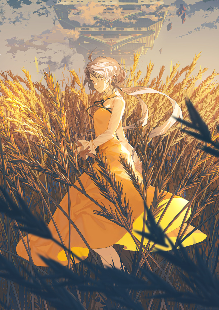 1girl absurdres ahoge bangs blurry blurry_foreground closed_mouth cloud from_side highres long_hair long_sleeves looking_at_viewer orange_eyes ouka_musci outdoors purple_hair rock sky smile solo standing touhou tsukumo_benben wheat_field