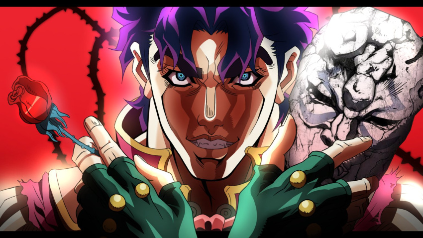 1boy alternate_universe araki_hirohiko_(style) blue_eyes fake_screenshot fangs fingerless_gloves flower gloves grandguerrilla green_gloves grin holding holding_flower jojo_no_kimyou_na_bouken jonathan_joestar letterboxed looking_at_viewer male_focus official_style phantom_blood plant purple_hair red_background red_flower red_rose rose sanpaku smile solo stone_mask_(jojo) thorns vampire vines x_arms