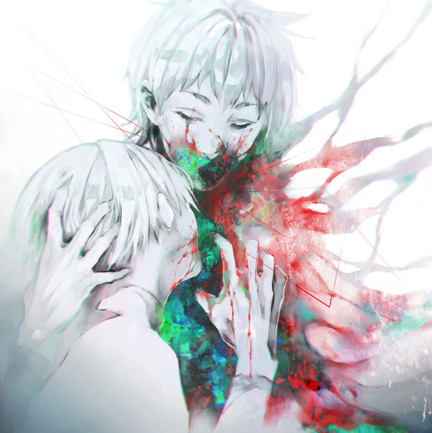 2boys absurdres androgynous bangs biting blood blood_on_face blood_on_hands cannibalism closed_eyes colorful commentary_request from_side gradient gradient_background hand_in_another's_hair hand_up highres kaneki_ken koujima_shikasa long_sleeves male_focus multiple_boys nagachika_hideyoshi shirt short_hair simple_background tokyo_ghoul upper_body white_background