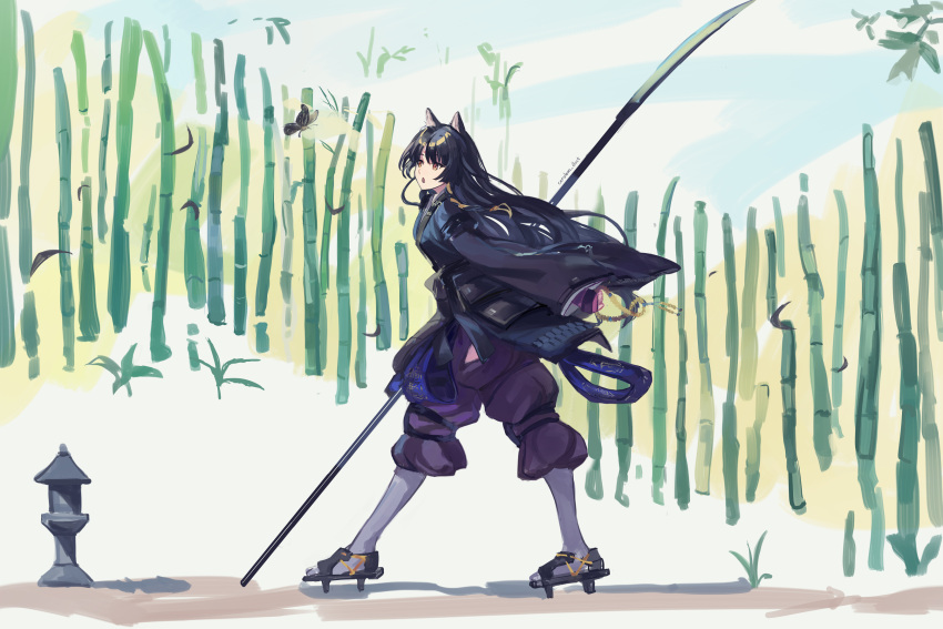 1girl animal_ears arknights armor artist_name bamboo bamboo_forest bangs black_hair braid branch buddhism bug butterfly cerulean_illust dog_ears flock forest from_side full_body gauntlets geta highres holding holding_polearm holding_weapon japanese_armor japanese_clothes long_hair long_sleeves looking_up naginata nature open_mouth orange_eyes polearm saga_(arknights) solo stone_lantern surprised walking weapon wide_sleeves