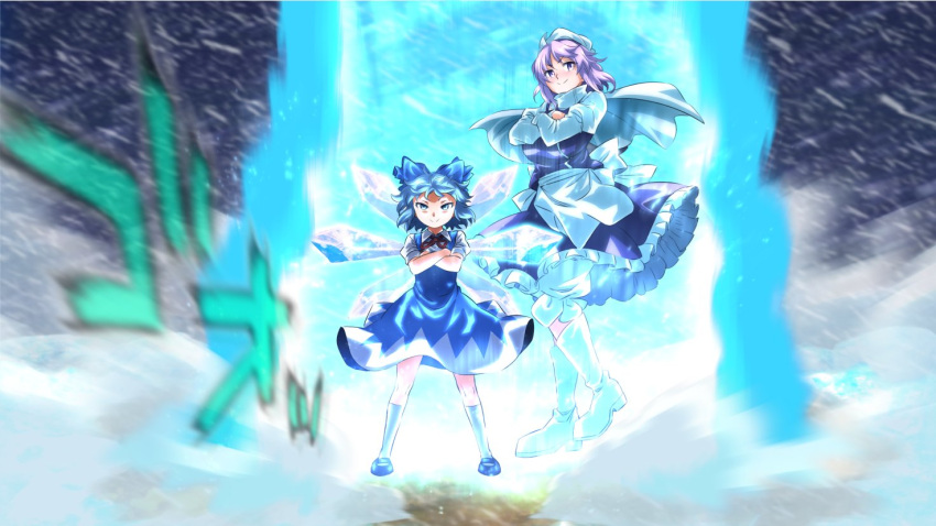 2girls aura bangs blizzard blue_bow blue_dress blue_eyes blue_hair boots bow breasts cirno collared_shirt crossed_arms dragon_ball dragon_ball_z dress eyebrows_visible_through_hair floating_hair hair_bow hat ice ice_wings large_breasts letty_whiterock light_purple_eyes light_purple_hair long_sleeves looking_at_viewer looking_to_the_side mary_janes multiple_girls pinafore_dress puffy_short_sleeves puffy_sleeves red_neckwear scarf shirt shoes short_hair short_sleeves shundou_heishirou smile snow snowing socks super_saiyan super_saiyan_blue touhou v-shaped_eyebrows white_scarf white_shirt wings