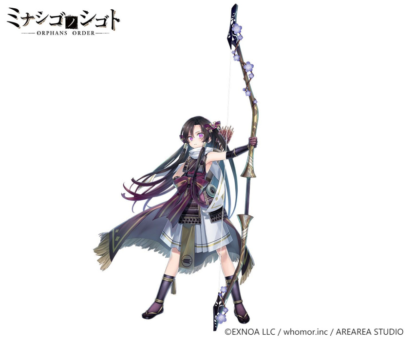 1girl arrow_(projectile) bangs bare_shoulders black_footwear black_gloves black_hair black_kimono bow bow_(weapon) character_request closed_mouth commentary_request elbow_gloves eyebrows_visible_through_hair fingerless_gloves fringe_trim full_body gloves gradient_hair hand_on_hip highres holding holding_bow_(weapon) holding_weapon japanese_clothes kimono long_hair looking_at_viewer multicolored_hair official_art orphans_order parted_bangs pleated_skirt purple_bow purple_eyes purple_hair purple_legwear quiver ryuuki_(hydrangea) simple_background skirt sleeveless sleeveless_kimono socks solo striped striped_bow tabi very_long_hair watermark weapon white_background white_skirt yumi_(bow) zouri