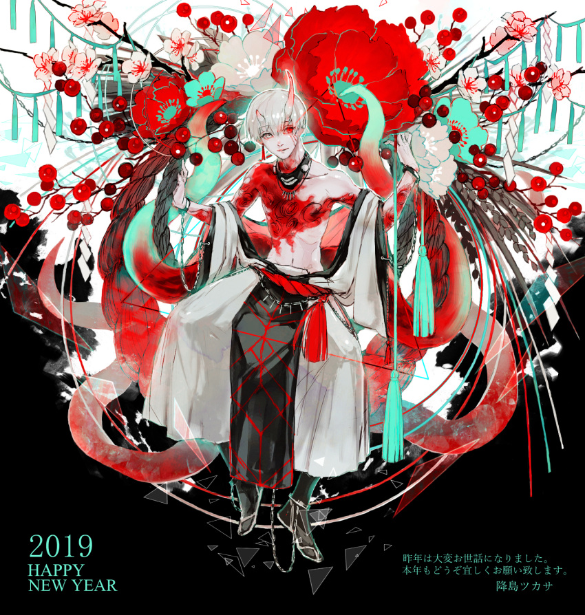 1boy 2019 alternate_costume bangs black_background collarbone commentary_request flower full_body grey_eyes grey_flower hands_up happy_new_year heterochromia highres horns japanese_clothes jewelry kagune_(tokyo_ghoul) kaneki_ken koujima_shikasa looking_at_viewer male_focus mask mask_removed mouth_mask navel necklace new_year red_eyes red_flower short_hair sitting smile solo tentacles tokyo_ghoul tokyo_ghoul:re topless_male translation_request white_background white_flower