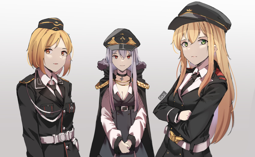 3girls absurdres artist_name bangs belt black_belt black_dress black_jacket black_necktie blonde_hair breasts brown_eyes cleavage closed_mouth collared_shirt commentary_request crossed_arms dress eyebrows_visible_through_hair gar32 garrison_cap girls'_frontline gradient gradient_background green_eyes grey_background grey_hair hair_between_eyes hat highres jacket kar98k_(girls'_frontline) long_hair long_sleeves medium_breasts military military_hat military_jacket military_uniform mp40_(girls'_frontline) multiple_girls necktie parted_lips peaked_cap red_eyes shirt smile stg44_(girls'_frontline) uniform very_long_hair white_belt white_shirt