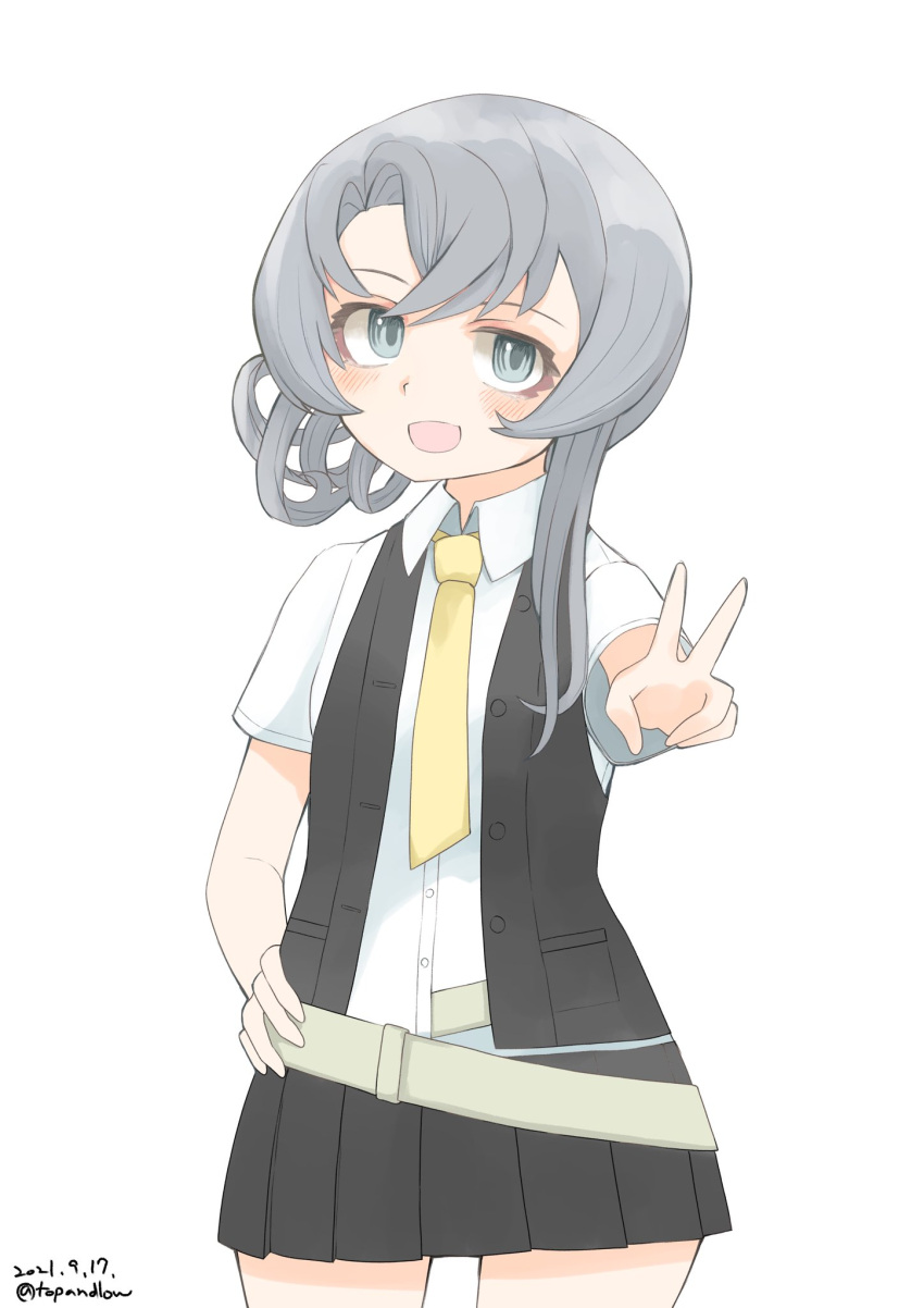 1girl asymmetrical_hair bangs belt black_skirt black_vest commentary_request contrapposto dated dress_shirt flipped_hair grey_eyes hand_on_hip highres kantai_collection looking_at_viewer necktie nowaki_(kancolle) one-hour_drawing_challenge pleated_skirt school_uniform shirt silver_hair simple_background skirt solo swept_bangs toplow twitter_username v vest white_background white_shirt yellow_necktie