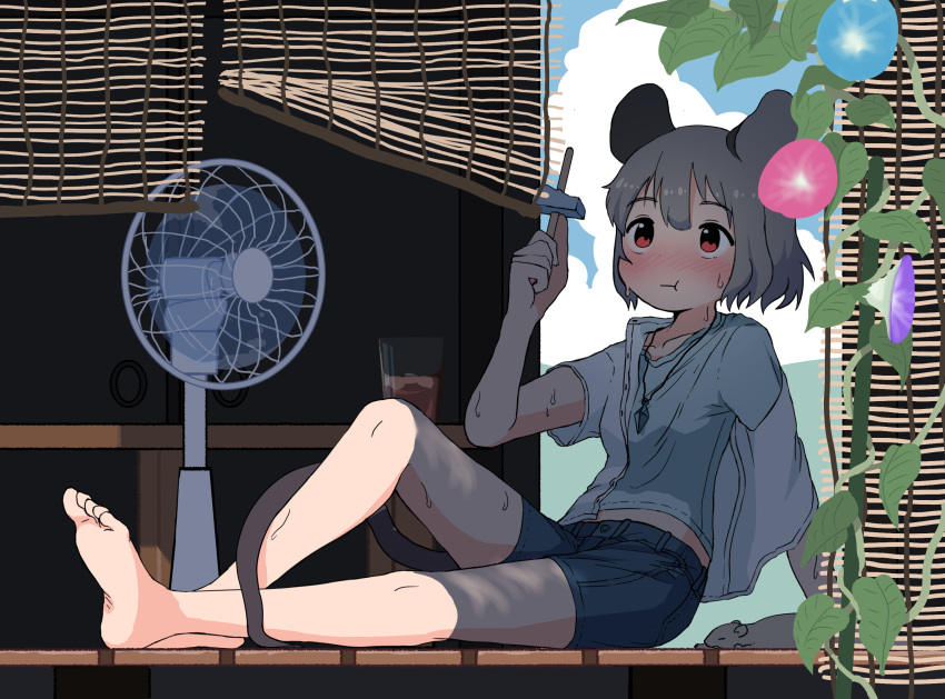 1girl :t alternate_costume animal_ears bangs barefoot blue_flower blue_shorts blush closed_mouth collarbone commentary_request crystal cup drinking_glass eating electric_fan eyebrows_visible_through_hair flower food full_body grey_hair grey_shirt hand_up highres hot jewelry kashiwa_kona morning_glory mouse mouse_ears mouse_girl mouse_tail nazrin nose_blush pendant pink_flower plant popsicle purple_flower reclining red_eyes shirt short_hair shorts sitting solo sweat table tail touhou undershirt white_shirt