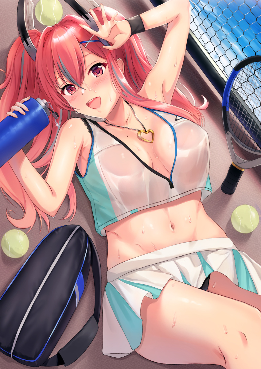 1girl azur_lane ball bottle breasts bremerton_(azur_lane) bremerton_(scorching-hot_training)_(azur_lane) center_opening chain-link_fence crop_top crop_top_overhang fence grey_hair hair_ornament heart heart_necklace highres itaba_atsushi large_breasts long_hair looking_at_viewer lying miniskirt multicolored_hair official_alternate_costume on_back open_mouth outdoors pink_hair purple_eyes racket shirt skirt sleeveless sleeveless_shirt solo sportswear streaked_hair tennis_ball tennis_court tennis_racket tennis_uniform twintails two-tone_shirt two-tone_skirt water_bottle white_shirt white_skirt x_hair_ornament