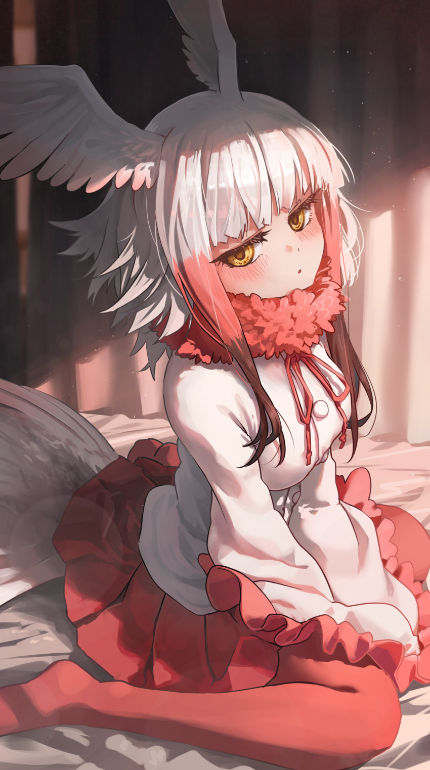 1girl bangs bed_sheet bird_tail bird_wings blunt_bangs blush brown_hair commentary curtains expressionless frilled_sleeves frills fur_collar head_wings highres japanese_crested_ibis_(kemono_friends) kemono_friends long_hair long_sleeves looking_at_viewer melaton multicolored_hair no_shoes on_bed pantyhose parted_lips red_hair red_legwear red_skirt shade shirt sidelocks sitting skirt solo tail wariza white_hair white_shirt wide_sleeves wings yellow_eyes