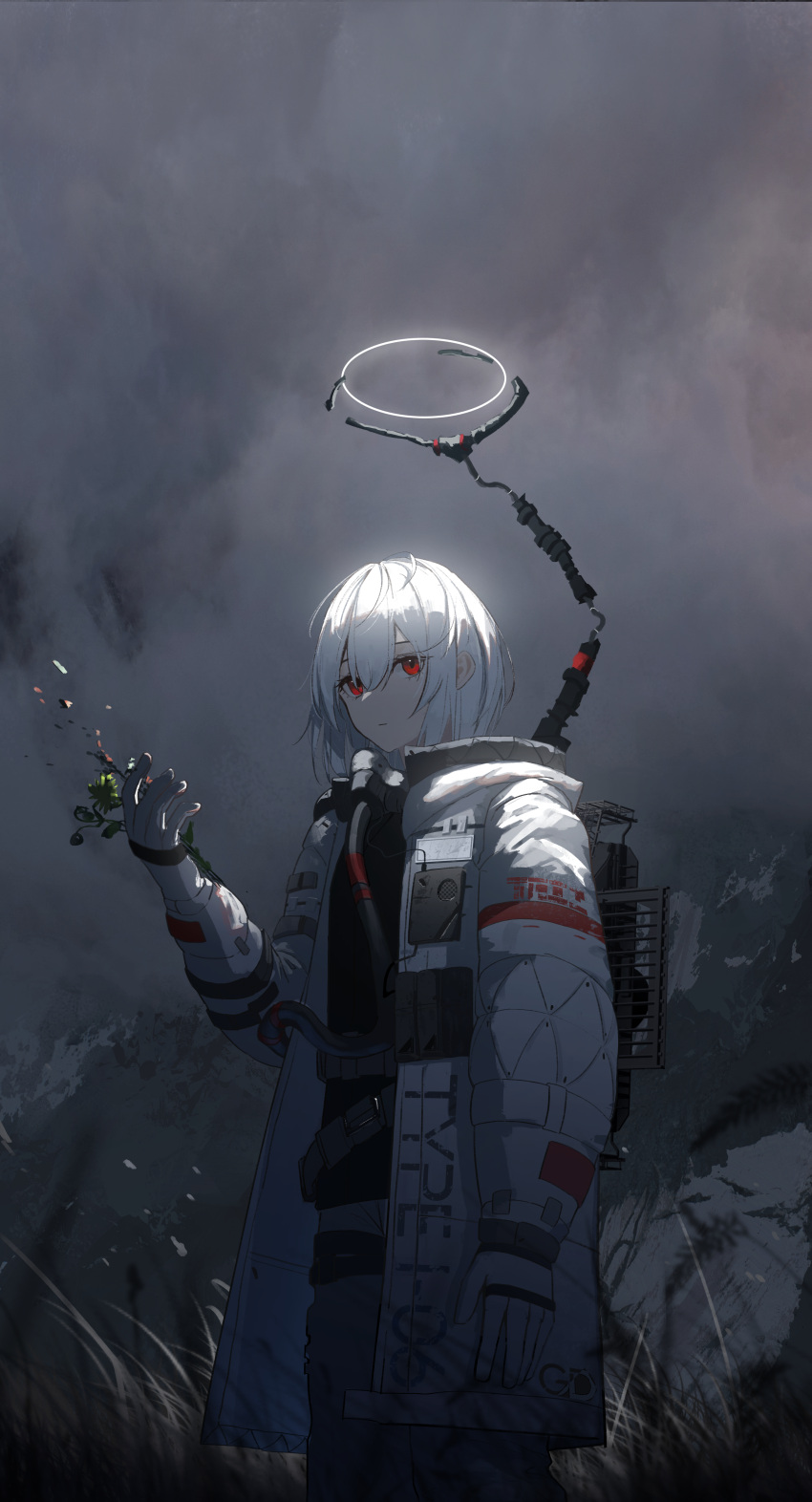 1girl absurdres asteroid_ill bangs cloud cloudy_sky coat commentary dark feet_out_of_frame flower gloves halo highres holding holding_flower light observer_(asteroid_ill) open_clothes open_coat original red_eyes sky solo standing white_coat white_gloves white_hair wilted_flower wind