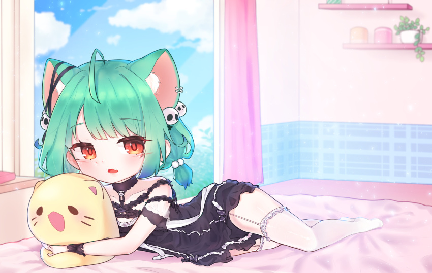 1girl ahoge bedroom black_choker black_dress blue_hair chibi choker ddorong doll_hug dress earrings extra_ears fang frilled_dress frilled_legwear frilled_straps frills garter_straps gradient_hair green_hair hair_ornament highres hololive indoors jewelry looking_at_viewer low_twintails lying medium_hair multicolored_hair object_hug off-shoulder_dress off_shoulder on_bed on_side on_stomach open_mouth pom_pom_(clothes) pom_pom_hair_ornament red_eyes see-through_sleeves short_dress short_sleeves short_twintails skin_fang skull_hair_ornament solo stuffed_animal stuffed_cat stuffed_toy thighhighs twintails uruha_rushia virtual_youtuber white_garter_straps white_legwear wristband