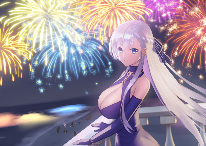 1girl answering azur_lane balcony bare_shoulders belfast_(azur_lane) belfast_(the_noble_attendant)_(azur_lane) blue_eyes braid breasts broken broken_chain chain champion_uniform cleavage cleavage_cutout clothing_cutout criss-cross_halter dress elbow_gloves evening_gown fireworks french_braid gloves gold_chain halter_dress halterneck highres huge_breasts light_purple_hair long_hair looking_at_viewer official_alternate_costume outdoors purple_gloves sleeveless sleeveless_dress standing very_long_hair