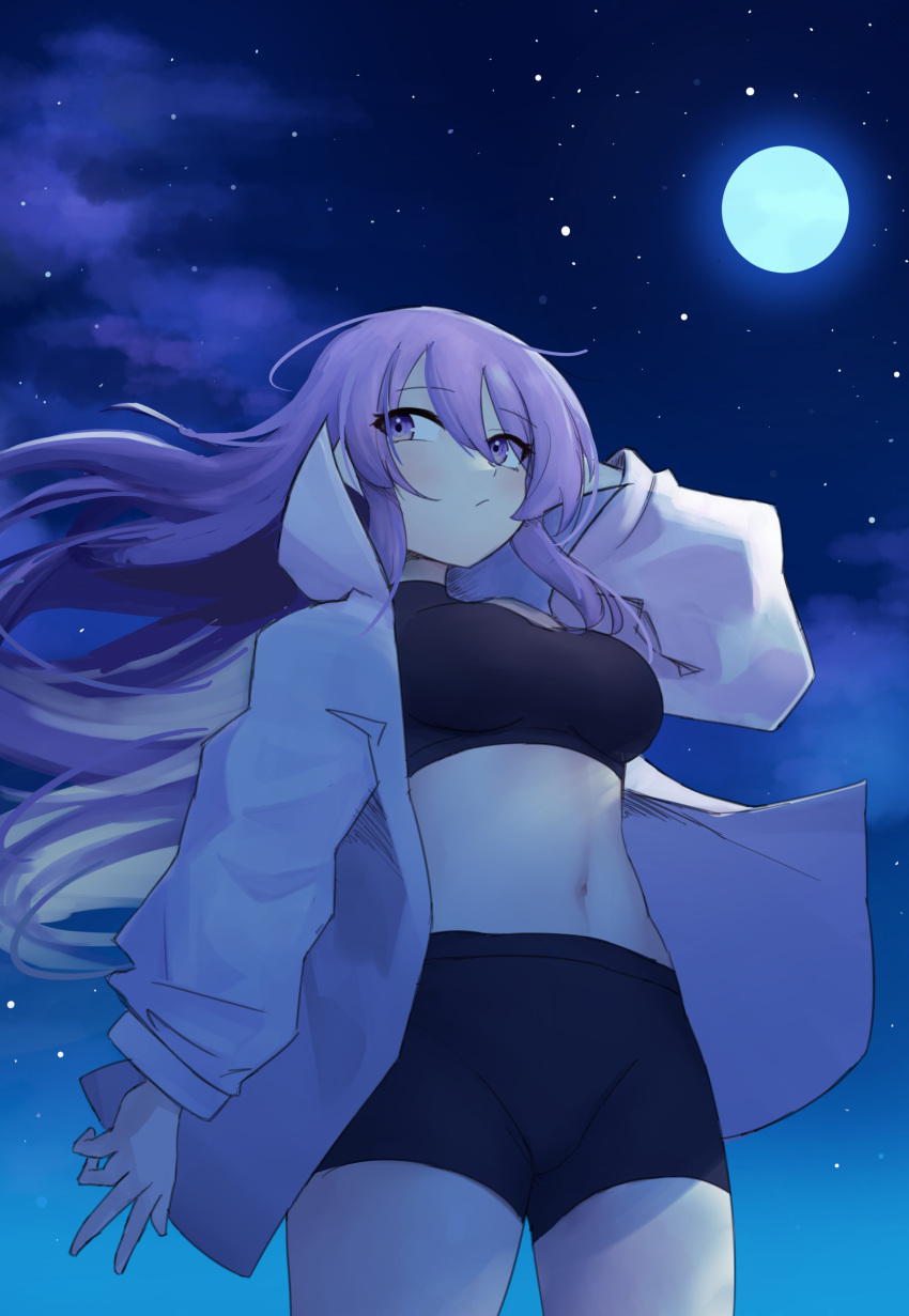 1girl :/ absurdres arm_behind_head aurapls bike_shorts blue_sky blush breasts closed_mouth cowboy_shot crop_top dot_nose floating_hair full_moon hand_up highres hololive hololive_indonesia jacket large_breasts long_hair midriff moon moona_hoshinova navel night night_sky open_clothes open_jacket outdoors purple_eyes purple_hair sky solo standing virtual_youtuber w white_jacket