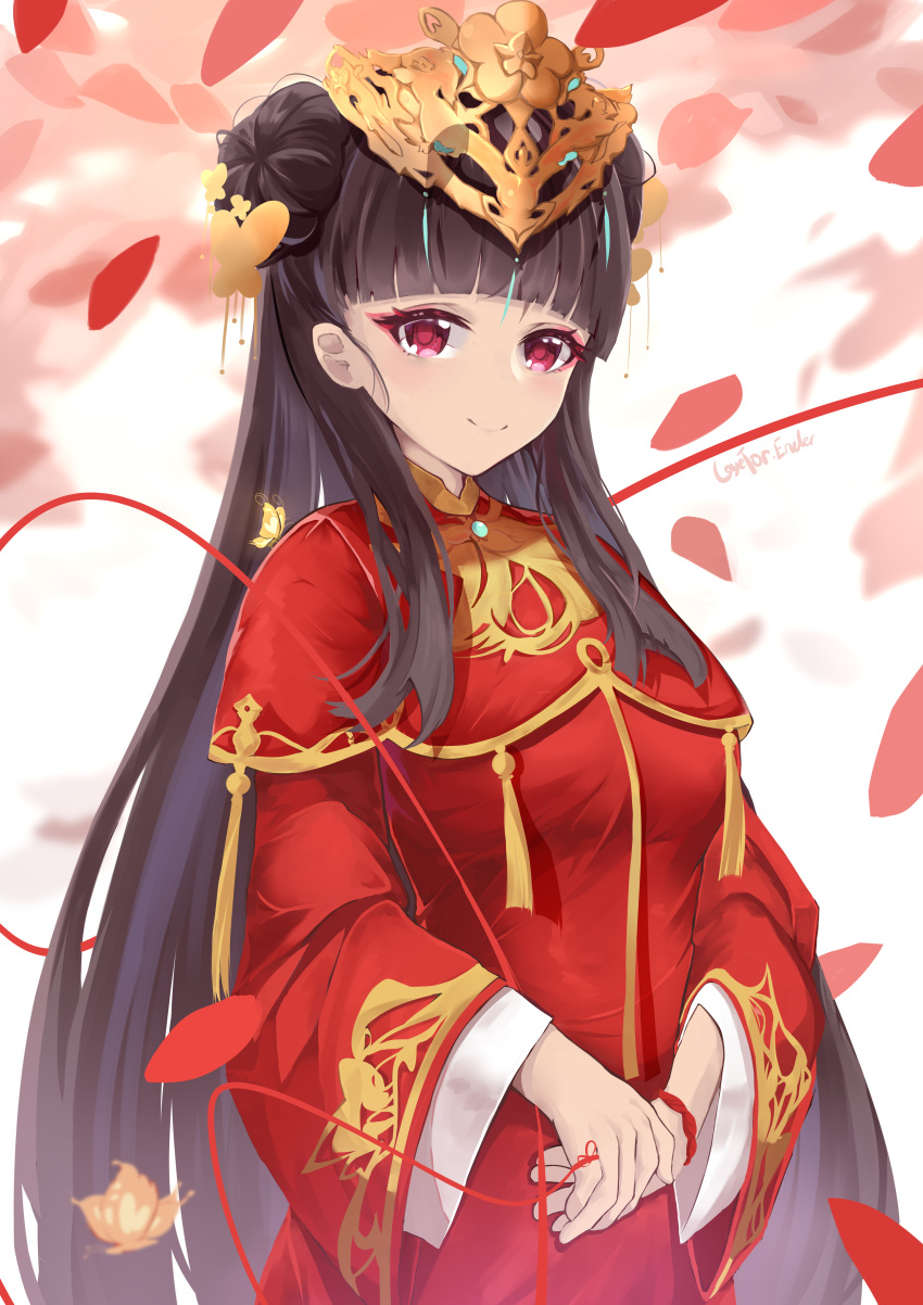1girl absurdres azur_lane black_hair chinese_clothes ct.ender double_bun dress gold_trim headpiece highres long_hair official_alternate_costume petals purple_eyes red_dress smile solo string string_of_fate very_long_hair wide_sleeves yat_sen_(azur_lane) yat_sen_(coronal_afterglow)_(azur_lane)