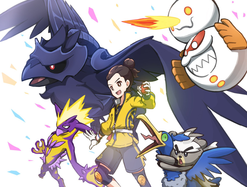 1boy :d bright_pupils brown_eyes brown_hair commentary_request corviknight cramorant galarian_darmanitan galarian_darmanitan_(zen) gloves hair_bun highres holding holding_poke_ball knee_pads kooeiatd111020 kubfu male_focus master_dojo_uniform open_mouth poke_ball poke_ball_(basic) pokemon pokemon_(creature) pokemon_(game) pokemon_swsh sash shirt short_hair shorts smile tongue toxtricity toxtricity_(amped) victor_(pokemon) white_gloves white_pupils