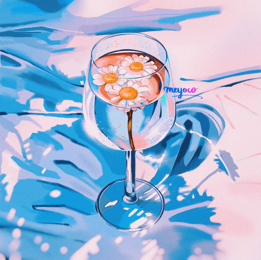 afloat artist_name cloth cup daisy drinking_glass flower highres meyoco no_humans original partially_immersed photo-referenced shadow signature water white_flower wine_glass