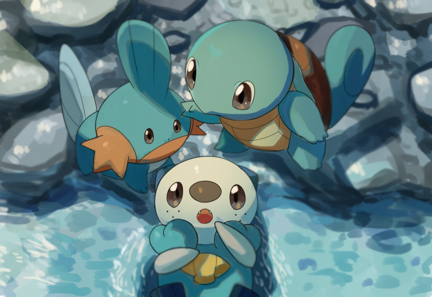 brown_eyes commentary fangs highres lying mudkip no_humans on_back open_mouth oshawott pokemon pokemon_(creature) squirtle stone tongue water yukifuri_tsuyu