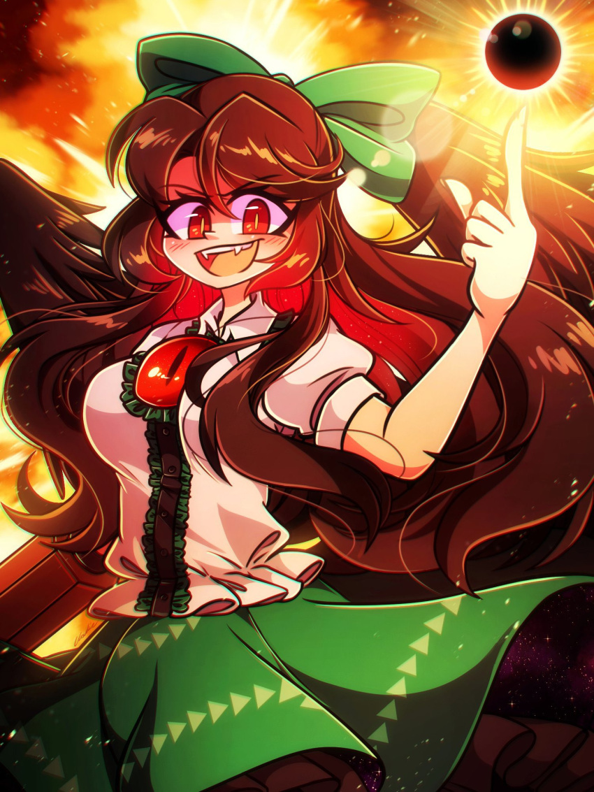 1girl arm_cannon bangs bird_wings blush bow breasts brown_hair center_frills collared_shirt commentary control_rod cropped_legs energy_ball english_commentary eyebrows_visible_through_hair fangs feathered_wings frilled_skirt frills green_bow green_skirt hair_between_eyes hair_bow highres index_finger_raised large_breasts littlecloudie long_hair looking_at_viewer open_mouth puffy_short_sleeves puffy_sleeves red_eyes reiuji_utsuho shirt short_sleeves skirt solo third_eye touhou weapon white_shirt wings