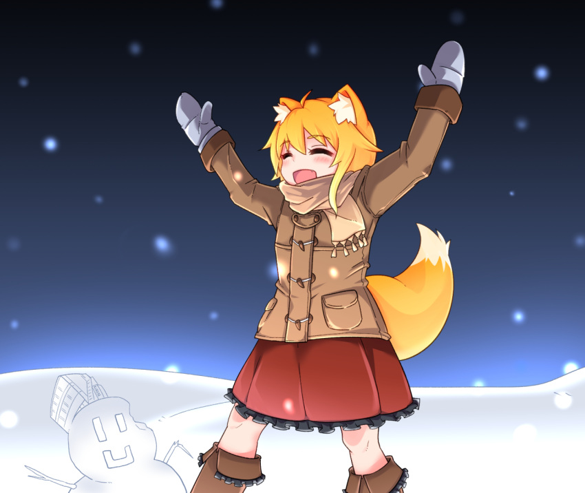 1girl alternate_costume animal_ear_fluff animal_ears asymmetrical_hair bangs blonde_hair boots brown_coat brown_footwear brown_scarf closed_eyes coat commentary_request cookie_(touhou) eyebrows_visible_through_hair feet_out_of_frame fox_ears fox_girl fox_tail frilled_skirt frills medium_hair miramikaru_riran mittens niconico office open_mouth red_skirt scarf sidelocks skirt smile smiley_face snow snowing snowman solo tail white_mittens yan_pai