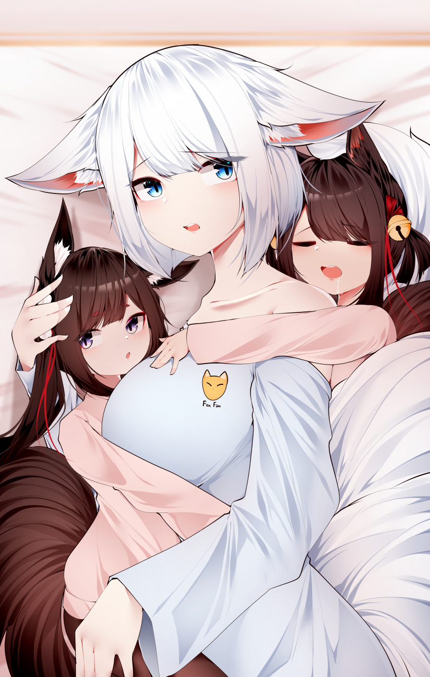 3girls :o absurdres akagi-chan_(azur_lane) alternate_costume amagi-chan_(azur_lane) animal_ears archery azur_lane bangs bed_sheet bell black_hair blue_eyes blunt_bangs brown_hair casual closed_eyes collarbone commentary_request contemporary drooling ear_down english_text eyebrows_visible_through_hair fox_ears fox_girl fox_print fox_tail hair_bell hair_between_eyes hair_ornament hair_ribbon hairband headpat height_difference highres hug hug_from_behind kaga_(azur_lane) long_hair looking_at_viewer lying multiple_girls on_side pajamas parted_lips purple_eyes ribbon samip short_hair sidelocks size_difference sleeping sleepover tail thick_eyebrows twintails white_hair wide-eyed