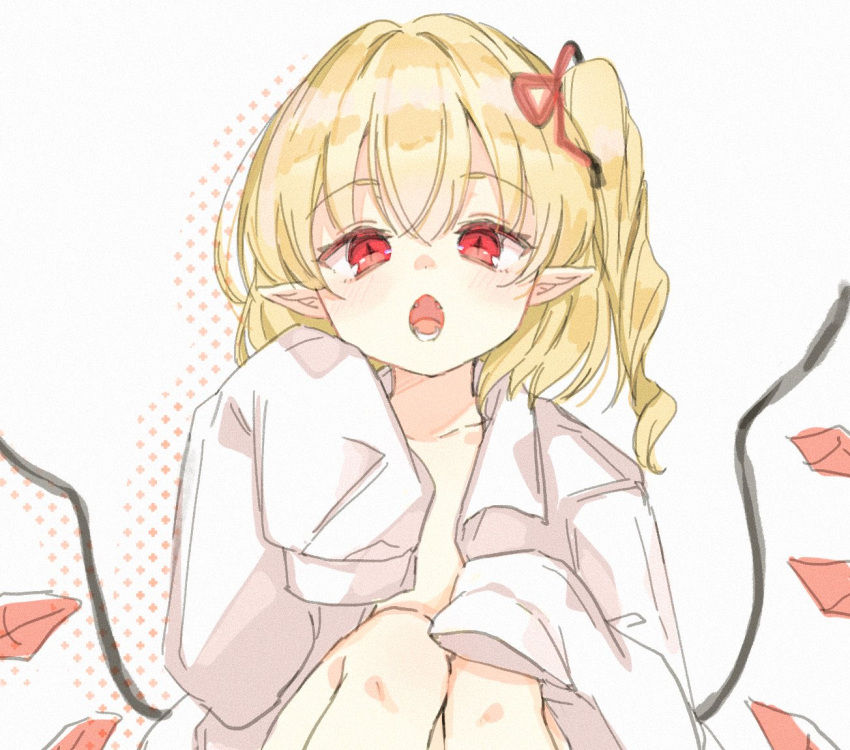 +_+ 1girl :o bangs blonde_hair collarbone crystal eyebrows_visible_through_hair fangs flandre_scarlet flat_chest floppy_sleeves hair_between_eyes hair_ribbon knees_up light_blush no_hat no_headwear one_side_up open_clothes open_shirt paragasu_(parags112) pointy_ears red_eyes red_ribbon ribbon shirt short_hair simple_background sitting sleeves_past_fingers sleeves_past_wrists solo teeth touhou upper_body white_background white_shirt wings