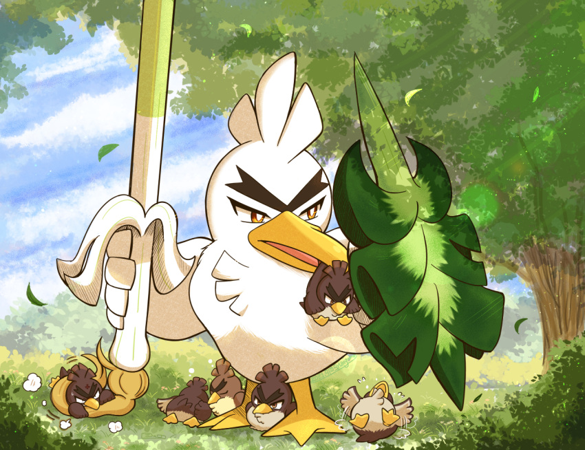 bird bright_pupils brown_eyes cloud commentary_request day galarian_farfetch'd grass holding leaves_in_wind no_humans outdoors pokemon pokemon_(creature) shield shuri_(syurigame) sirfetch'd sky standing tree white_pupils younger