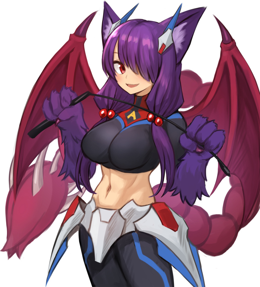 1girl :d animal_ears animal_hands bangs breasts claws commentary crop_top english_commentary hair_bobbles hair_ornament hair_over_one_eye highres long_hair looking_at_viewer manticore_(monster_girl_encyclopedia) medium_breasts midriff monster_girl monster_girl_encyclopedia navel open_mouth original purple_hair red_eyes reri_(elh) riding_crop smile solo sookmo tail wings