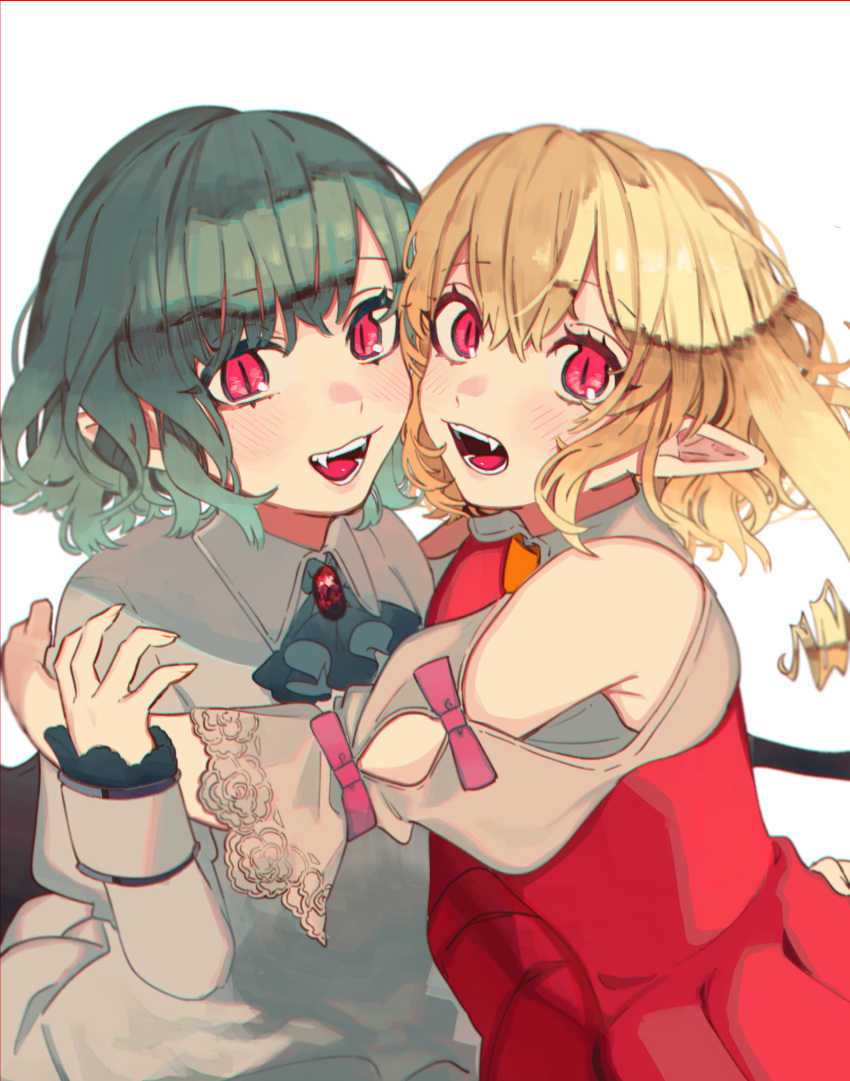 2girls :d absurdres adapted_costume armpit_crease ascot bangs blonde_hair blue_ascot blue_hair blush border brooch clothing_cutout commentary_request dress eyebrows_visible_through_hair fangs flandre_scarlet hair_between_eyes hand_up highres hug jewelry looking_at_viewer multiple_girls no_hat no_headwear one_side_up open_mouth pointy_ears puffy_short_sleeves puffy_sleeves red_border red_dress red_eyes remilia_scarlet shi_chimi short_sleeves shoulder_cutout siblings simple_background sisters slit_pupils smile teeth touhou upper_body white_background