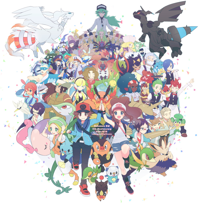 6+boys 6+girls :d alder_(pokemon) anniversary anthea_(pokemon) archeops arm_up artist_name aurea_juniper bag bangs baseball_cap beret between_breasts bianca_(pokemon) black_footwear black_legwear black_pants black_undershirt black_vest blonde_hair blue_eyes blue_jacket blunt_bangs blush boots breasts bronius_(pokemon) brown_hair brown_shirt brown_vest brycen_(pokemon) burgh_(pokemon) caitlin_(pokemon) cedric_juniper chandelure cheren_(pokemon) chili_(pokemon) cilan_(pokemon) clay_(pokemon) cocoloco commentary_request concordia_(pokemon) confetti conkeldurr cress_(pokemon) cryogonal dated dewott drayden_(pokemon) dress druddigon elesa_(pokemon) emboar emmet_(pokemon) emolga everyone excadrill eyelashes fennel_(pokemon) flats floating_hair garbodor ghetsis_harmonia giallo_(pokemon) gloves gorm_(pokemon) green_bag green_eyes green_hair green_headwear green_necktie grimsley_(pokemon) hand_up hat haxorus headphones high_five highres hilbert_(pokemon) hilda_(pokemon) hydreigon ingo_(pokemon) iris_(pokemon) jacket jewelry leavanny lenora_(pokemon) liepard long_hair looking_at_viewer marshal_(pokemon) multiple_boys multiple_girls musharna n_(pokemon) necklace necktie open_clothes open_jacket open_mouth orange_legwear orange_vest oshawott panpour pansage pansear pants pantyhose pokemon pokemon_(creature) pokemon_(game) pokemon_bw red_footwear reshiram reuniclus rood_(pokemon) ryoku_(pokemon) samurott serperior servine shauntal_(pokemon) shirt shoes short_hair short_sleeves shorts shoulder_bag sidelocks skyla_(pokemon) smile snivy socks stoutland strap_between_breasts swanna tepig two-tone_headwear vest volcarona watchog white_dress white_shirt yellow_footwear zekrom zinzolin_(pokemon)