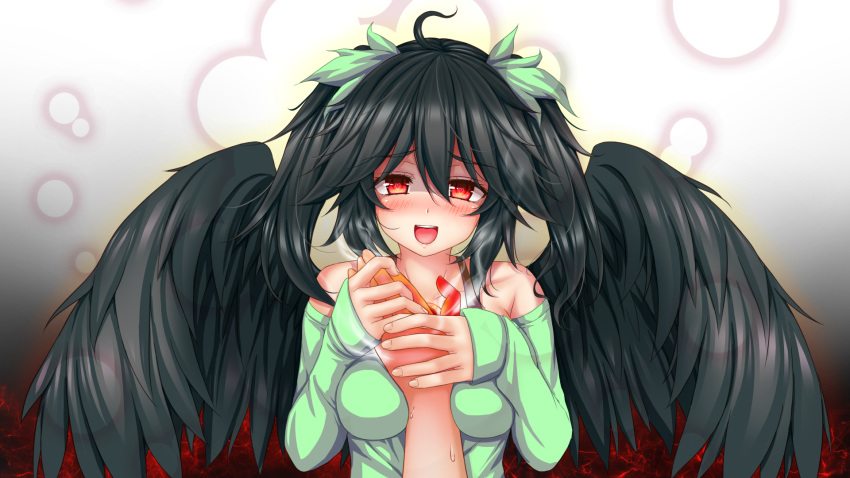 1girl 1other alternate_costume alternate_hairstyle bangs between_breasts bird_wings black_hair black_wings blush breasts commentary_request eyebrows_visible_through_hair glowing_hot green_shirt hair_between_eyes highres holding_hands long_hair looking_at_viewer medium_breasts off-shoulder_shirt off_shoulder open_mouth orika_chomu pov red_eyes reiuji_utsuho shaded_face shirt smile solo_focus steam third_eye touhou two_side_up upper_body wings