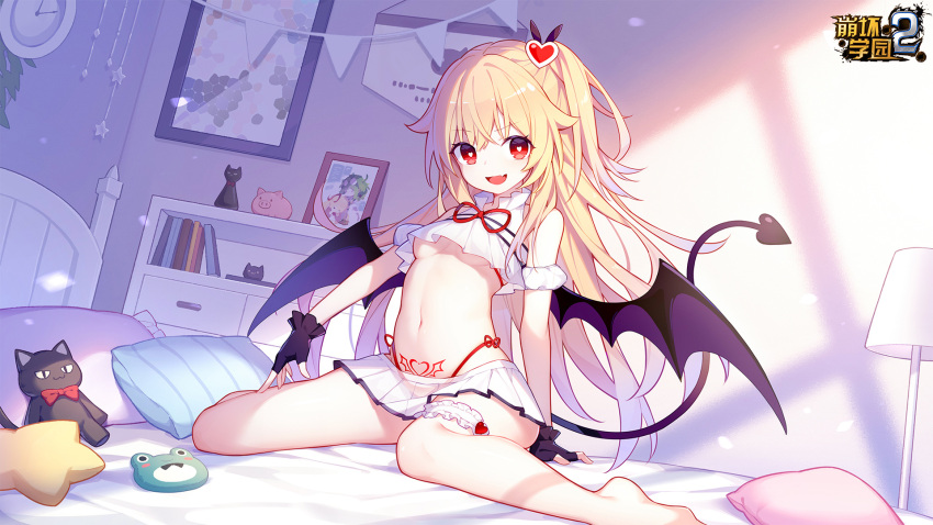 1girl bare_legs bare_shoulders barefoot bat_wings bed bedroom benghuai_xueyuan black_gloves blonde_hair book bookshelf breasts character_request clock commentary_request copyright_name crop_top crop_top_overhang demon_tail eyebrows_visible_through_hair fang fingerless_gloves gloves hair_ornament heart heart-shaped_pupils heart_hair_ornament highres honkai_(series) lamp long_hair looking_at_viewer midriff miniskirt navel no_shoes panty_straps pillow pubic_tattoo quan_(kurisu_tina) red_eyes red_ribbon ribbon ribbon-trimmed_clothes ribbon_trim sitting skirt small_breasts smile solo stuffed_animal stuffed_cat stuffed_toy symbol-shaped_pupils tail tattoo thigh_strap wariza wings