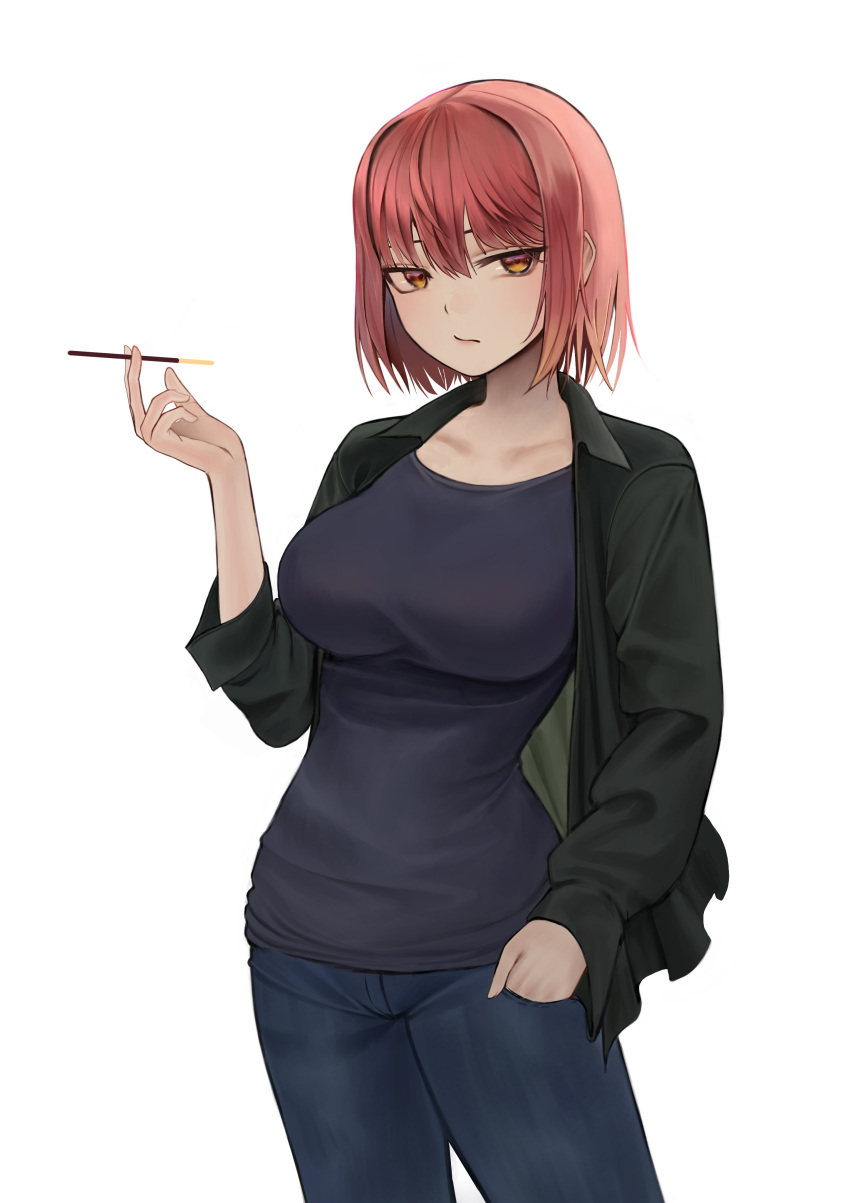 1girl absurdres bangs blue_pants blue_shirt breasts brown_eyes cardigan casual closed_mouth collarbone commentary cowboy_shot denim food green_sweater hair_between_eyes hand_in_pocket highres holding holding_food holding_pocky jeans large_breasts long_sleeves looking_at_viewer open_cardigan open_clothes original pants pink_hair pocky shirt short_hair simple_background solo standing sweater ur-8 white_background