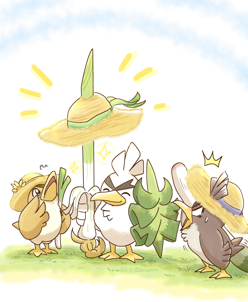 bird closed_eyes closed_mouth commentary_request evolutionary_line farfetch'd flower flying_sweatdrops galarian_farfetch'd grass hat hat_flower hat_removed hatted_pokemon headwear_removed highres holding looking_up no_humans pokemon pokemon_(creature) shuri_(syurigame) sirfetch'd smile sparkle standing