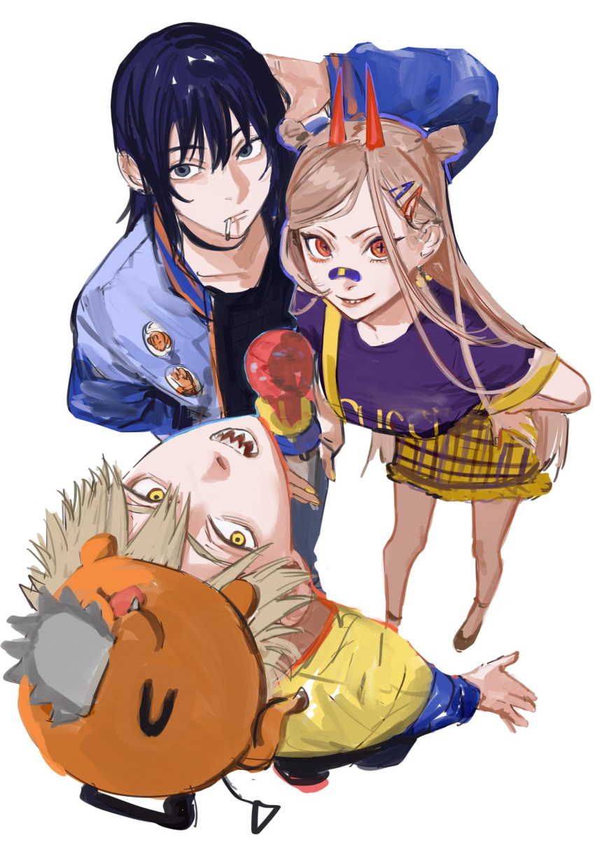 +_+ 1girl 2boys alternate_costume animal_on_head bandaid bandaid_on_nose bangs black_hair black_shirt blonde_hair blue_eyes blue_hair blue_jacket blue_pants breasts chainsaw_man cigarette closed_mouth commentary demon_horns denji_(chainsaw_man) expressionless eyelashes food from_above full_body grin hair_between_eyes hair_ornament hairclip hand_on_hip hand_on_own_head hayakawa_aki_(chainsaw_man) highres holding holding_food horns ice_cream ice_cream_cone jacket letterman_jacket long_hair looking_at_viewer looking_up medium_breasts miniskirt mouth_hold multiple_boys nail_polish on_head open_clothes open_jacket open_mouth pants parted_bangs parted_lips plaid plaid_skirt pochita_(chainsaw_man) power_(chainsaw_man) purple_shirt red_eyes red_horns sharp_teeth shirt short_hair short_sleeves simple_background skirt smile spiked_hair teeth v-shaped_eyebrows white_background yellow_eyes yellow_nails yellow_shirt yellow_skirt