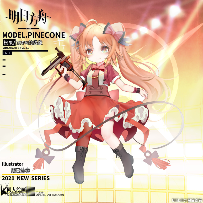 1girl absurdres ahoge arknights artist_name black_footwear boots bow bowtie character_name chinese_commentary chinese_text commentary_request copyright_name cropped_jacket english_text eyebrows_visible_through_hair feather_hair full_body gun hair_bow highres holding holding_gun holding_weapon jacket kuroshiroemaki long_hair looking_at_viewer mixed-language_text nail_gun necktie official_alternate_costume open_clothes open_jacket orange_background orange_eyes orange_hair pinecone_(arknights) pinecone_(sing_a_song)_(arknights) red_bow red_jacket red_neckwear red_skirt shirt skirt smile solo thick_eyebrows twintails very_long_hair watermark weapon white_shirt younger