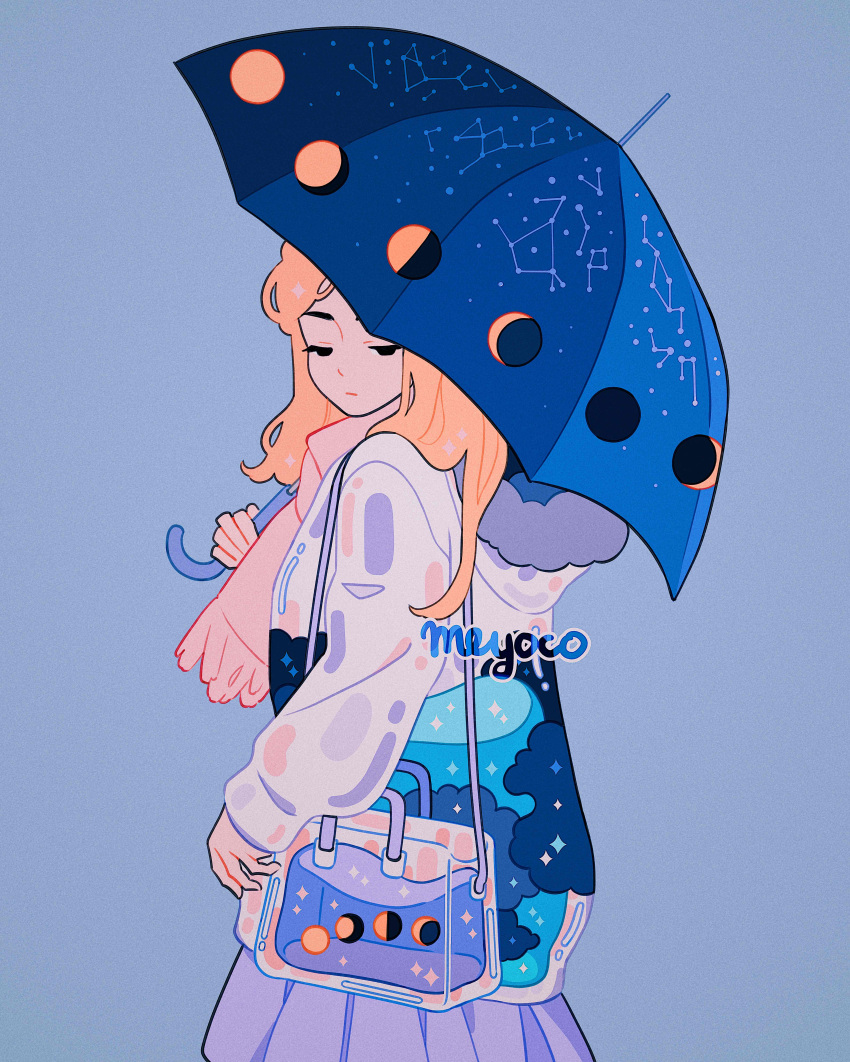 1girl absurdres artist_name bag black_eyes blonde_hair blue_background cloud commentary constellation constellation_print crescent_moon english_commentary full_moon gibbous_moon half-closed_eyes half_moon highres holding holding_umbrella hood hoodie liquid long_hair meyoco moon moon_phases new_moon original pink_scarf pleated_skirt print_umbrella purple_skirt scarf see-through shoulder_bag simple_background skirt solo sparkle umbrella upper_body