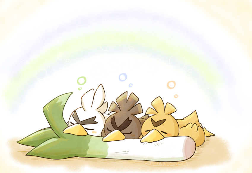 beak bird blush bubble closed_eyes commentary_request evolutionary_line farfetch'd galarian_farfetch'd lying no_humans on_stomach pokemon pokemon_(creature) shuri_(syurigame) sirfetch'd sleeping spring_onion