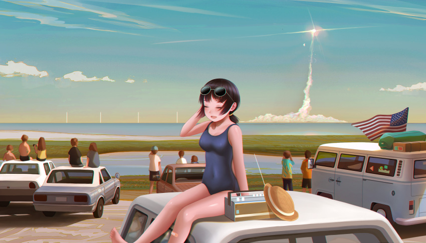 1girl :d adjusting_hair american_flag bag bandaid bangs bare_shoulders barefoot black_hair blue_swimsuit blush box breasts car cleavage closed_eyes cloud commentary crowd dawn duffel_bag english_commentary eyewear_on_head flag floating_hair ground_vehicle hair_tie hat hat_removed headwear_removed highres launching md5_mismatch motor_vehicle nino_berlin ocean on_vehicle open_mouth original pond radio resolution_mismatch rocket school_swimsuit shore short_hair short_ponytail sitting sky smile solo_focus sticker straw_hat summer sunglasses swimsuit van volkswagen_type_2 wind