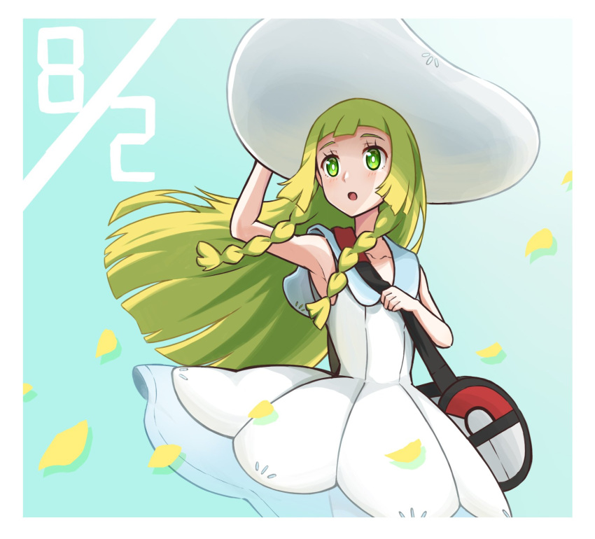 1girl :o arm_up bag bangs blonde_hair blunt_bangs border braid collarbone collared_dress commentary_request dress duffel_bag eyelashes green_eyes hat highres holding_strap kooeiatd111020 lillie_(pokemon) long_hair open_mouth petals poke_ball_theme pokemon pokemon_(game) pokemon_sm see-through sleeveless sleeveless_dress solo sun_hat sundress tongue twin_braids white_border white_dress white_headwear