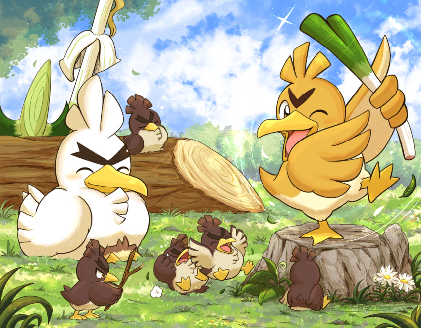 ^_^ alternate_color bird blush closed_eyes closed_mouth cloud commentary_request day evolutionary_line farfetch'd flower galarian_farfetch'd grass holding holding_stick no_humans one_eye_closed outdoors pokemon pokemon_(creature) shuri_(syurigame) sirfetch'd sky smile stick tree_stump white_flower