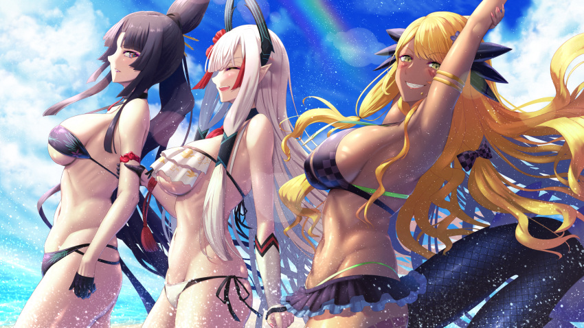 3girls armpits arms_up bangs bare_shoulders beach bikini black_bikini black_gloves black_hair blonde_hair blue_sky blush breasts cleavage closed_eyes dark-skinned_female dark_skin detached_sleeves dragon_girl dragon_horns dragon_tail facial_mark fate/grand_order fate_(series) forehead_mark gloves grin hair_bun half_gloves highres horns kiichi_hougen_(fate) large_breasts long_hair looking_at_viewer md5_mismatch medium_breasts multicolored_eyes multiple_girls ocean open_mouth orange_eyes parted_bangs pointy_ears purple_eyes purple_lips sharp_teeth shiroshisu side_bun side_ponytail sidelocks sky smile swept_bangs swimsuit tail taira_no_kagekiyo_(fate) tassel teeth ushiwakamaru_(fate) very_long_hair vritra_(fate) water white_bikini white_hair yellow_eyes