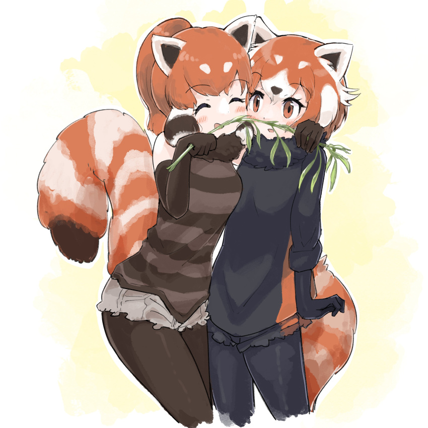 2girls absurdres animal_ears bamboo black_fur black_gloves black_hair black_legwear black_shirt black_sweater blush closed_eyes cowboy_shot cutoff_jeans cutoffs elbow_gloves eyebrows_visible_through_hair fur_collar gloves highres iwa_(iwafish) kemono_friends lesser_panda_(kemono_friends) long_sleeves multicolored_hair multiple_girls orange_eyes panda_ears panda_girl panda_tail pantyhose red_hair shirt short_hair short_shorts shorts sleeveless striped striped_shirt sweater white_hair