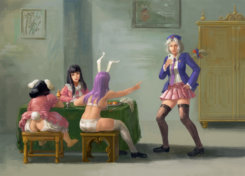 4girls amibazh animal_ears bangs black_legwear blazer blue_hair blunt_bangs bra braid braided_ponytail commentary_request copyright_request cosplay crescent crescent_pin cupboard dress faux_traditional_media fine_art_parody floppy_ears hair_ribbon hat houraisan_kaguya inaba_tewi jacket light_purple_hair loafers long_hair long_sleeves multiple_girls necktie nurse_cap panties parody parody_request phone pink_dress pink_skirt pleated_skirt pointing rabbit_ears reisen_udongein_inaba reisen_udongein_inaba_(cosplay) ribbon selfie shirt shoes short_hair silver_hair sitting skirt table thighhighs touhou underwear white_legwear white_panties white_shirt yagokoro_eirin