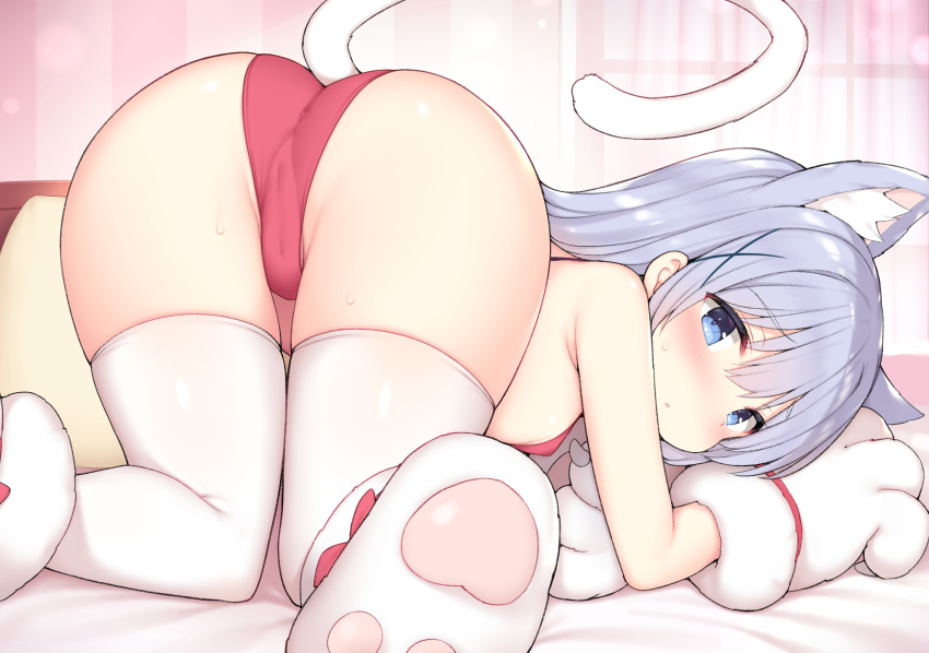 1girl all_fours animal_ear_fluff animal_ears animal_hands ass bangs bare_arms bare_shoulders bed_sheet bikini blue_eyes blue_hair blush cameltoe cat_ears cat_paws cat_tail closed_mouth covered_anus eyebrows_visible_through_hair from_behind gloves gochuumon_wa_usagi_desu_ka? hair_between_eyes hair_ornament highres kafuu_chino long_hair looking_at_viewer looking_back parted_lips paw_gloves red_bikini solo sweat swimsuit tail thighhighs top-down_bottom-up watanon_(gakushokutei) white_legwear x_hair_ornament