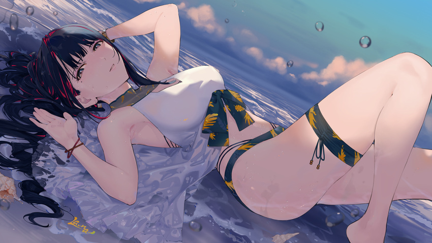 1girl armpits bangs bare_shoulders barefoot bikini black_hair blue_sky breasts cloud dress grin la-na long_hair looking_at_viewer lying mole mole_under_eye multicolored_hair on_back original outdoors red_hair sky sleeveless sleeveless_dress smile solo swimsuit thigh_strap two-tone_hair white_dress
