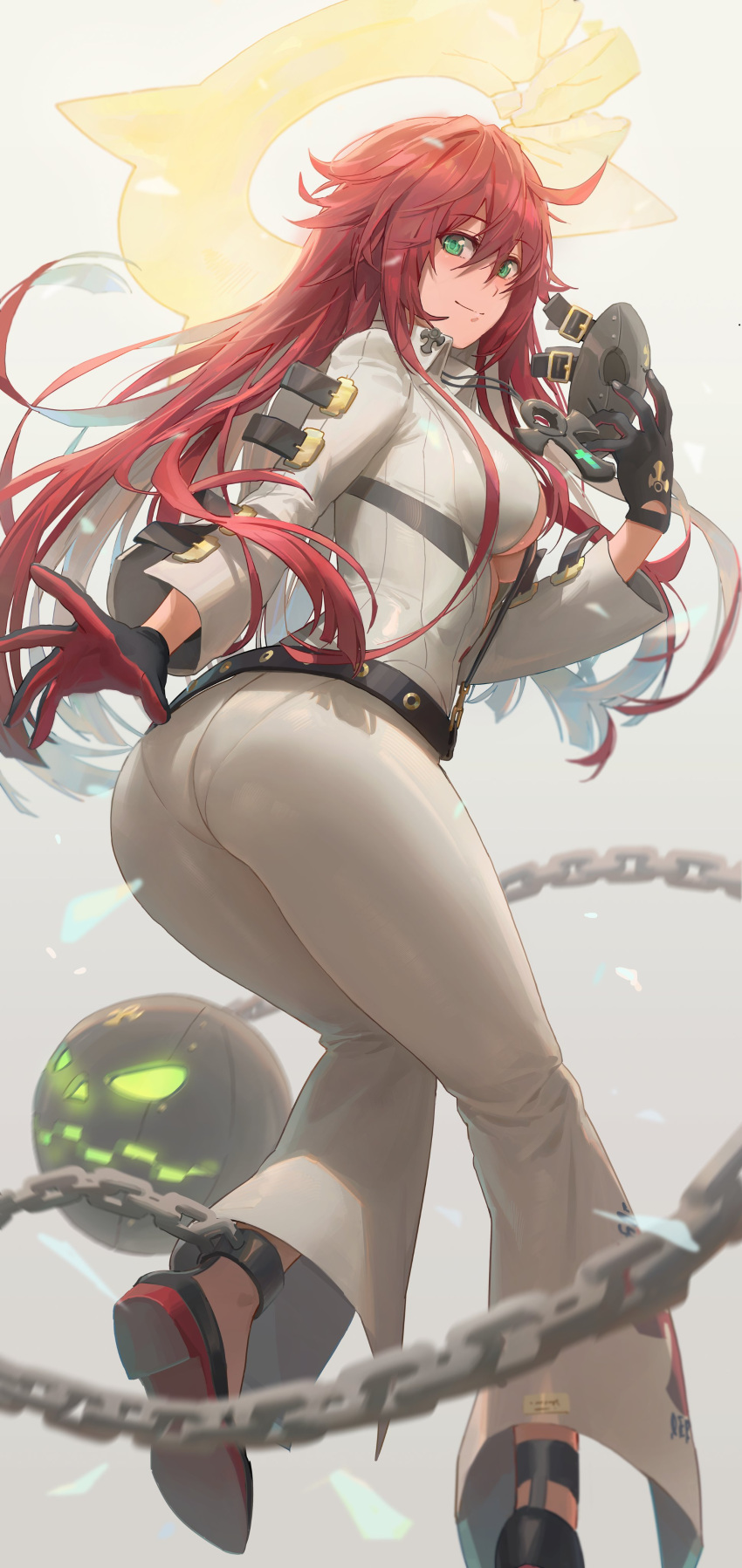 1girl absurdres ahoge ass ball_and_chain_restraint bangs black_gloves breasts buckle cleavage_cutout clothing_cutout collared_jacket cross cross_necklace free_style_(yohan1754) from_side gloves green_eyes guilty_gear hair_between_eyes halo highres holding holding_mask jack-o'_valentine jacket jewelry long_hair long_sleeves looking_at_viewer mask necklace pants red_gloves red_hair solo very_long_hair white_jacket white_pants