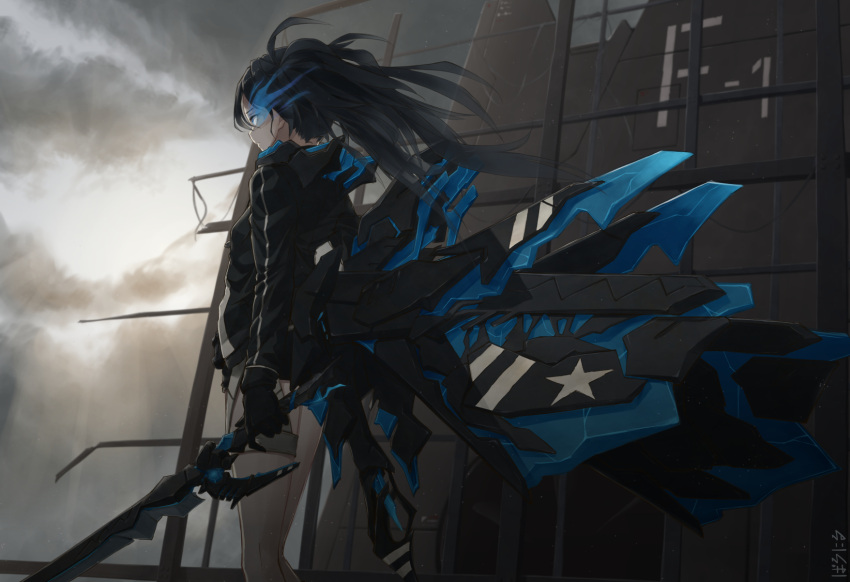 1girl baronilu black_hair black_jacket black_rock_shooter black_rock_shooter_(character) black_rock_shooter_(inexhaustible) blue_eyes blue_fire fire flaming_eye gloves highres jacket long_hair solo standing sword twintails weapon