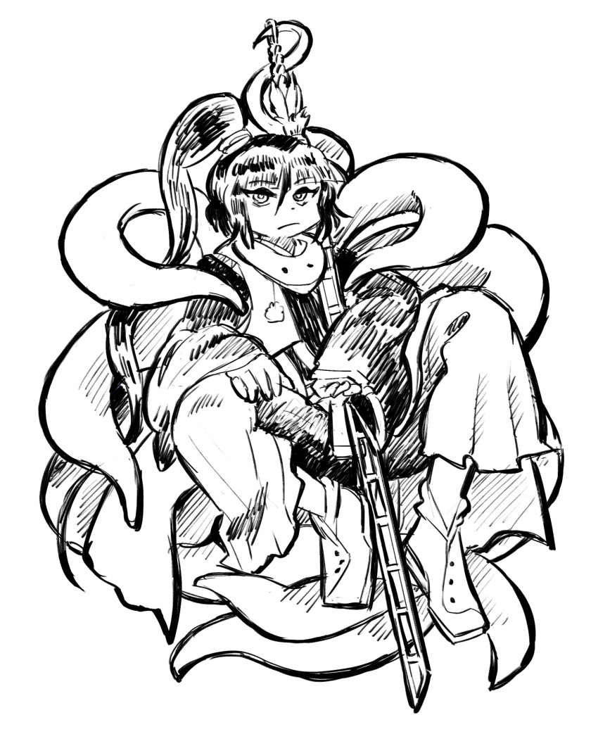 1other adagumo_no_yaorochi androgynous arm_on_knee blunt_bangs bored bottle_opener buttons chikafumikou closed_mouth detached_sleeves double-parted_bangs fingernails frown full_body greyscale hair_between_eyes hair_tie hakama hakama_pants hand_on_own_knee high_side_ponytail highres japanese_clothes jinbaori kimono len'en long_hair long_sleeves looking_at_viewer monochrome multiple_tails other_focus pants pom_pom_(clothes) scarf short_kimono simple_background sitting sleeves_past_wrists snake_tail socks solo sword sword_of_kusanagi tail tasouken very_long_hair weapon white_background wide_sleeves