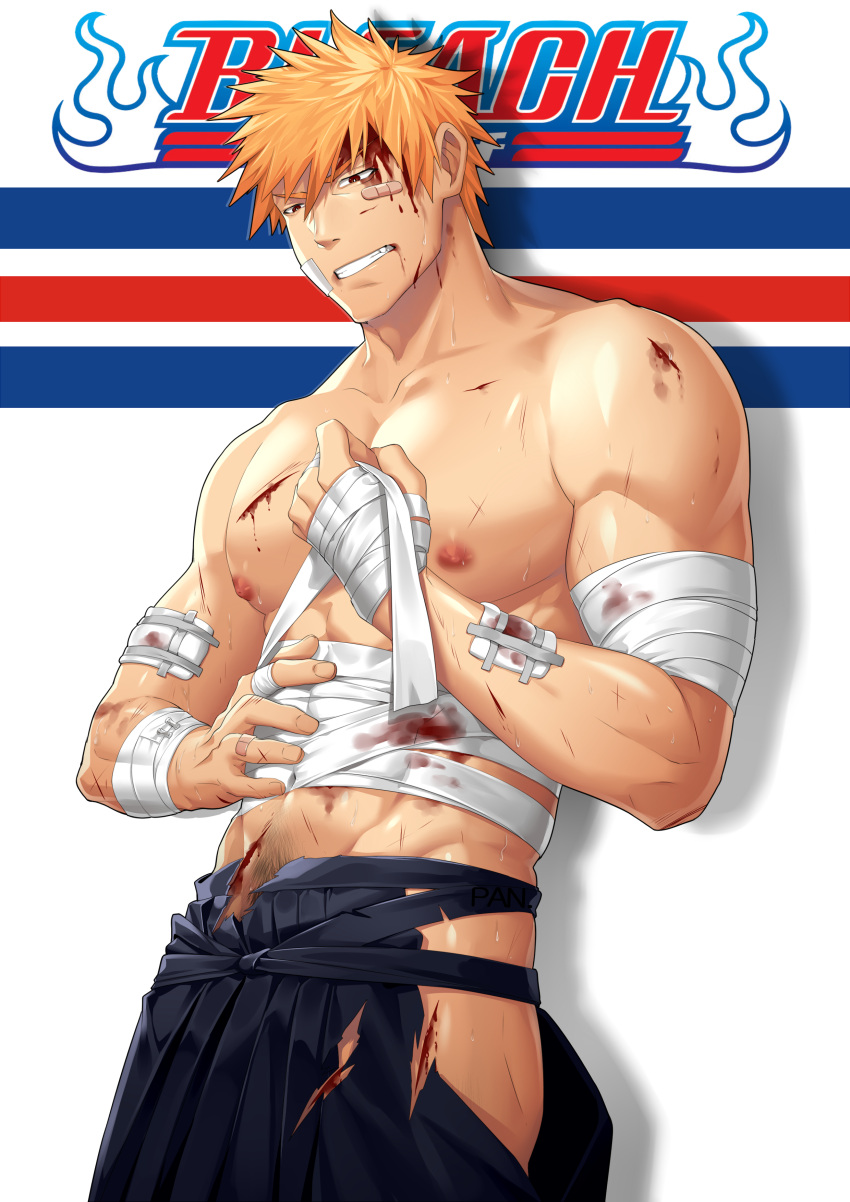 1boy absurdres alternate_pectoral_size bandaged_arm bandages bara bare_pectorals black_pants bleach blood covered_abs cuts hakama hakama_pants highres hip_vent injury japanese_clothes kashi_kosugi kurosaki_ichigo large_pectorals male_focus male_pubic_hair midriff_sarashi muscular muscular_male navel_hair nipples orange_hair pants pectorals pubic_hair pubic_hair_peek sarashi short_hair solo torn_clothes torn_pants